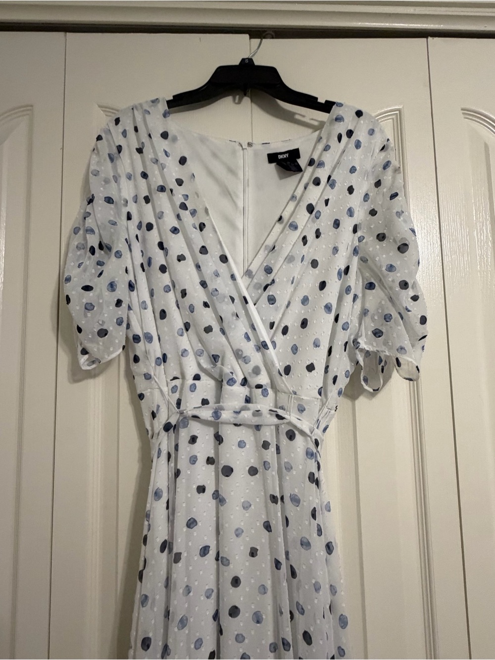 White Chiffon Blue Polka Dot Dress, Puff Sleeves, Matching Waist Tie, size 14W